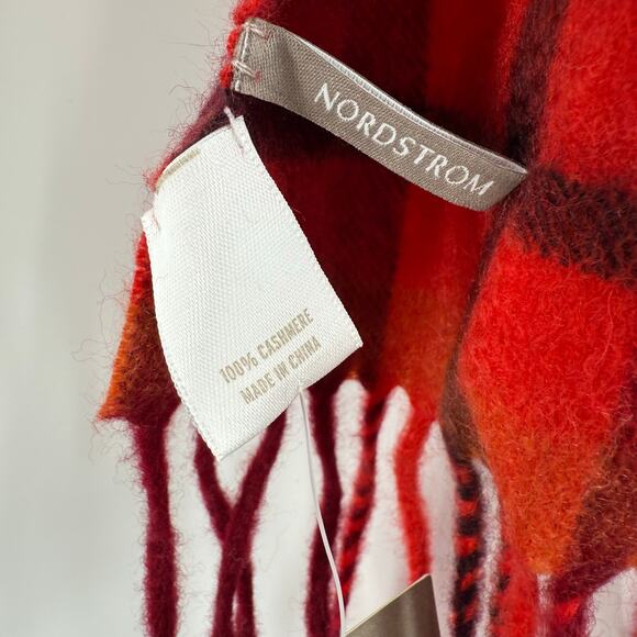 Nordstrom Scarf 100% Cashmere NWT Fringe Plaid Luxury Red Orange Winter Cozy - Picture 4 of 14